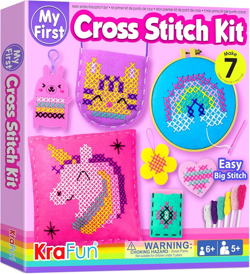 KRAFUN Beginner My First Cross Stitch Kit for Kids Arts & Crafts, 6 Easy Projects of Felt Keyring, Bag, Pillow Craft, Instructions, Gift for Girls and Boys, Learn DIY Crafting, Embroidery - Image 1